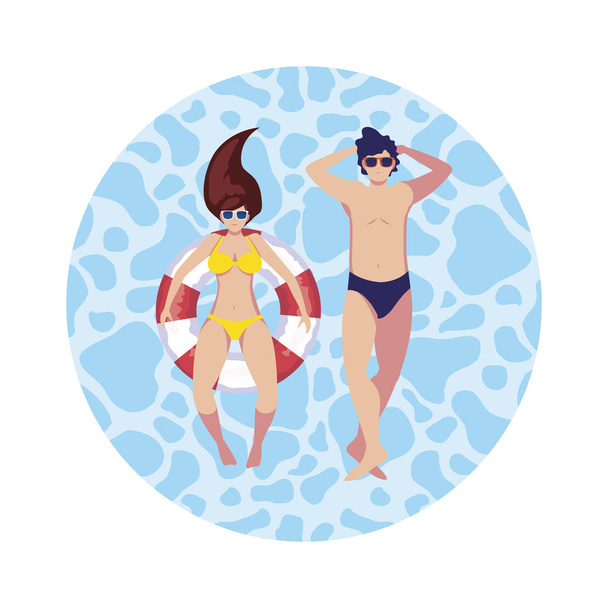 jeune couple avec maillot de bain et flotteur dans l'eau
 - Vecteur, image