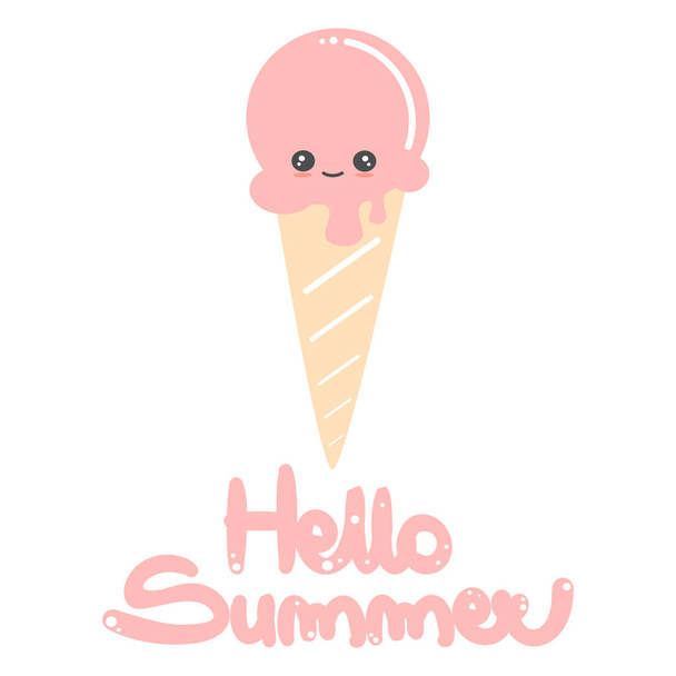 cute hand drawn lettering hello summer vector card with cartoon ice cream - Vector, afbeelding