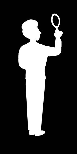 Witte silhouet geïsoleerde jonge zakenman Detective zoeker met vergrootglas in zwarte achtergrond. Zoek antwoord, raadsels, Arcane, oplossingen. Monochroom. - Foto, afbeelding