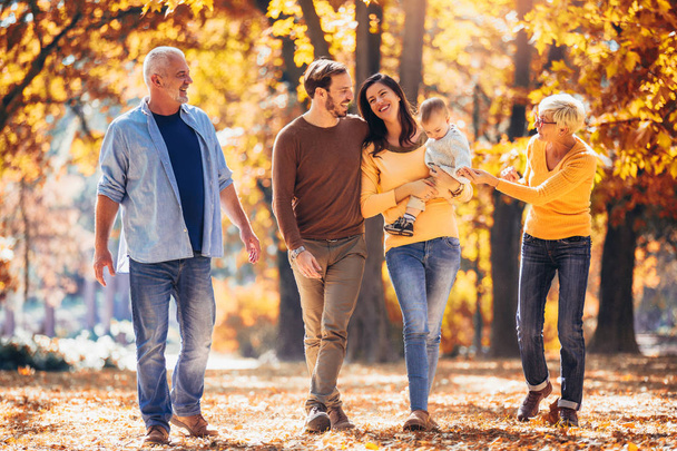 Multl generatie familie in herfst park plezier - Foto, afbeelding