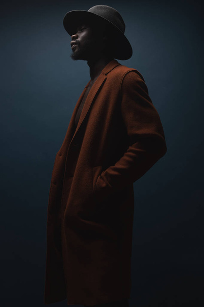 Portrait of male singer in hat and coat. Artist, performer - Foto, afbeelding