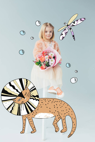 kid in faux fur coat and skirt sitting on highchair and holding bouquet on grey background with fairy bubbles, cat and dragonfly illustration - Valokuva, kuva