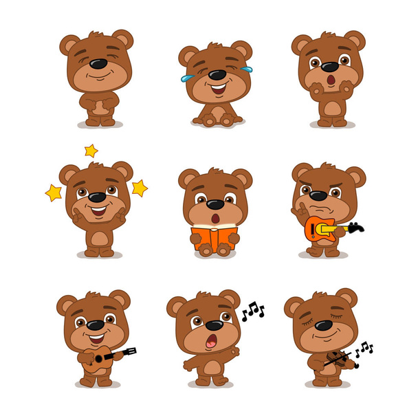 set of charming cartoon characters of bears in different poses with musical instruments - Вектор,изображение