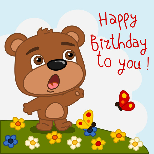 greeting card with cute funny cartoon character of bear singing Happy birthday to you song on meadow - Vektör, Görsel