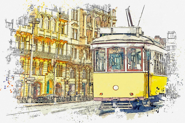 Tradycyjnych tramwaj w Lizbonie. - Zdjęcie, obraz