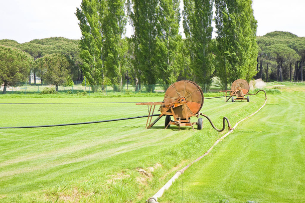 Nawadniacz metalowy w zielonym trawniku koszonym - Zdjęcie, obraz