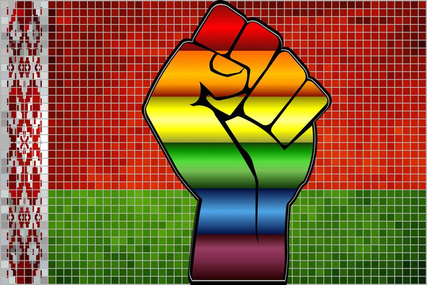 Pugno di protesta LGBT lucido su una bandiera bielorussa - Illustrazione, Mosaico astratto Bielorussia e bandiere gay
 - Vettoriali, immagini