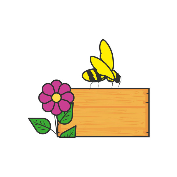 etiqueta de madeira com flor e abelha
 - Vetor, Imagem
