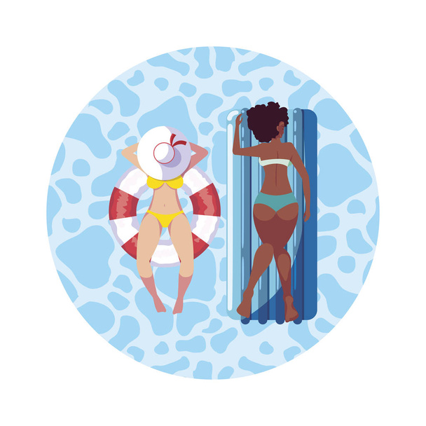 διαφυλετικός κορίτσια με μαγιό και ναυαγοσώστη στο νερό - Διάνυσμα, εικόνα
