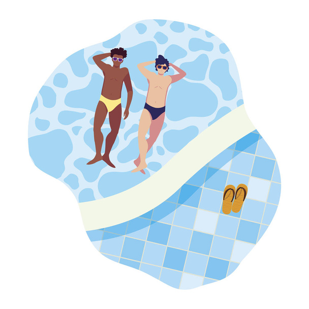 interracial men with swimsuit floating in water - Vector, Image
