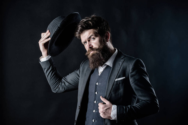 welcome on board. Businessman in suit. Secret shy. Male formal fashion. Detective in hat. Mature hipster with beard. Bearded man gentleman. brutal caucasian hipster with moustache - Photo, image
