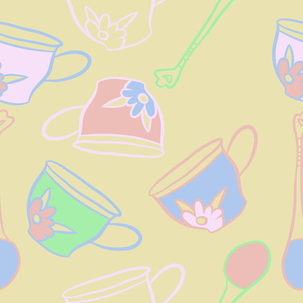 Seamless pattern of abstract colorful tea cups  - Vektör, Görsel