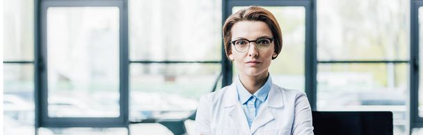 panoramic shot of beautiful doctor in white coat looking at camera - Фото, изображение