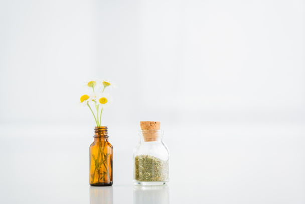 コピースペース付きの白い背景にカモミールの花とガラス瓶の近くに乾燥ハーブとコルク瓶 - 写真・画像