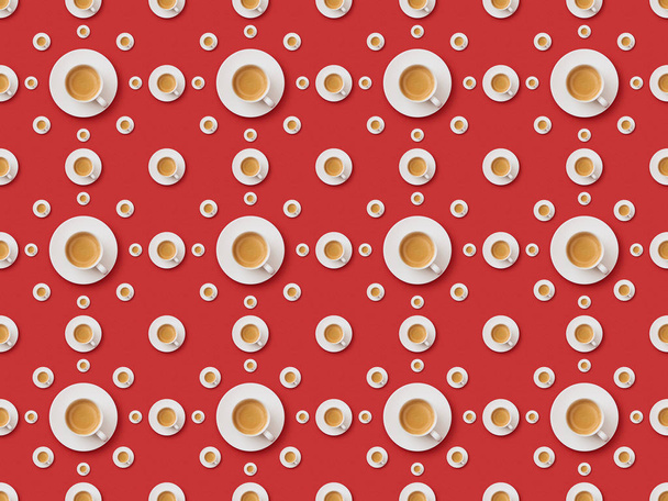 赤いカラフルな背景にカップとソーサーの新鮮なコーヒーとシームレスなパターン - 写真・画像