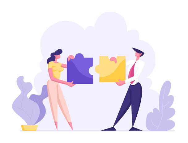 Office People Work Together Setting Up Colorful Separated Puzzle Pieces. Businesspeople in Coworking Place Teamwork, Cooperation, Collective Work, Partnership Concept, Cartoon Flat Vector Illustration - Vector, Image