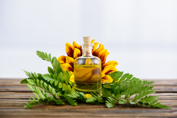 verkorkte Flasche mit ätherischen Ölen, Farnblättern und Sonnenblumen auf Holzoberfläche - Foto, Bild