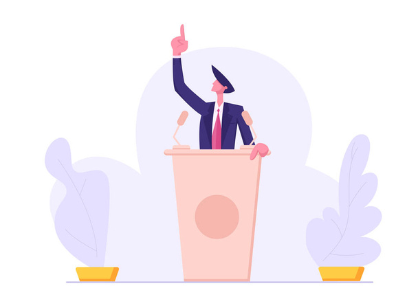 Presidential Election. Man in Suit Standing Behind of Podium with Microphones Speaking with Index Finger Pointing Up. Candidate Speech, Lecture, Political Discussion. Cartoon Flat Vector Illustration - Vector, Image