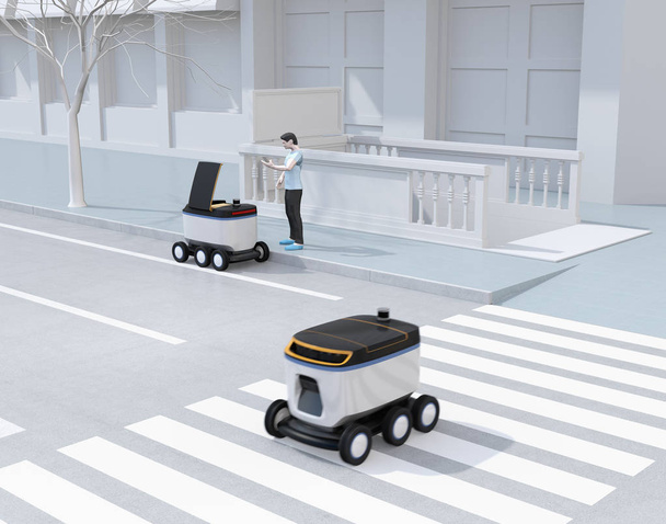 Lage veelhoek stijl man pick-up perceel van Self-Driving Delivery robot. Laatste een mijl concept. 3D rendering beeld. - Foto, afbeelding