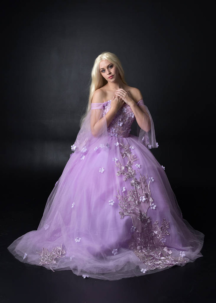 full length portrait of a blonde girl wearing a fantasy fairy inspired costume,  long purple ball gown with fairy wings,   sitting pose on a dark studio background. - 写真・画像
