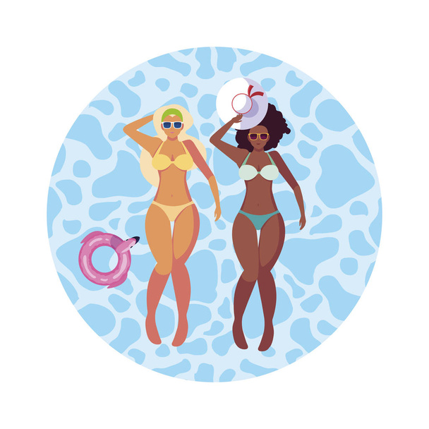 Interracial lányok pár fürdőruhák úszó vízben - Vektor, kép