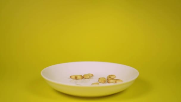 Cracker seafood shape are poured into a dish isolated on yellow background. - Felvétel, videó