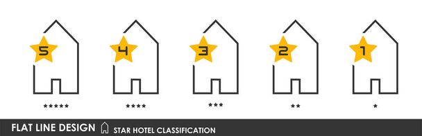 Επίπεδη γραμμική σχεδίαση. Σύμβολα ταξινόμησης των ξενοδοχείων με τον αριθμό των αστεριών. Μια συλλογή από μοντέρνα εικονογραφία του λογότυπου. Απεικόνιση διανύσματος. Συσκευασία 2 - Διάνυσμα, εικόνα