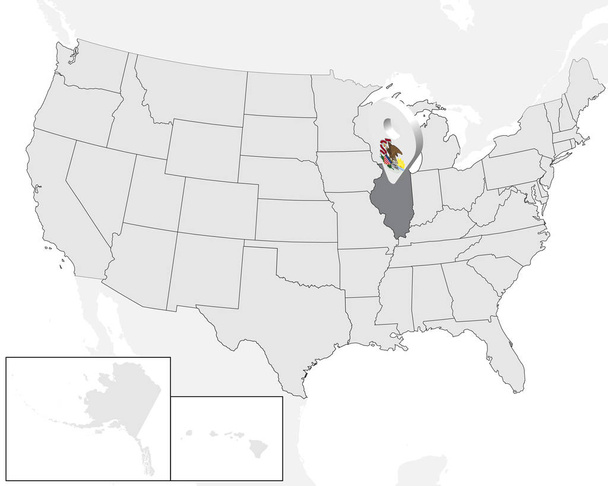 Locatie kaart Illinois op kaart USA. Verenigde Staten van Amerika. 3D geolocatie teken als vlag van staat Illinois. Hoge kwaliteit kaart van Illinois. Vector illustratie Eps10. - Vector, afbeelding