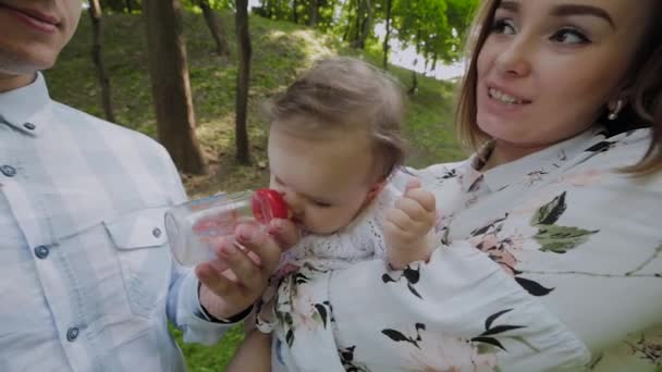 若いお母さんとお父さんボトルフィード赤ちゃんで彼らの手に公園. - 映像、動画