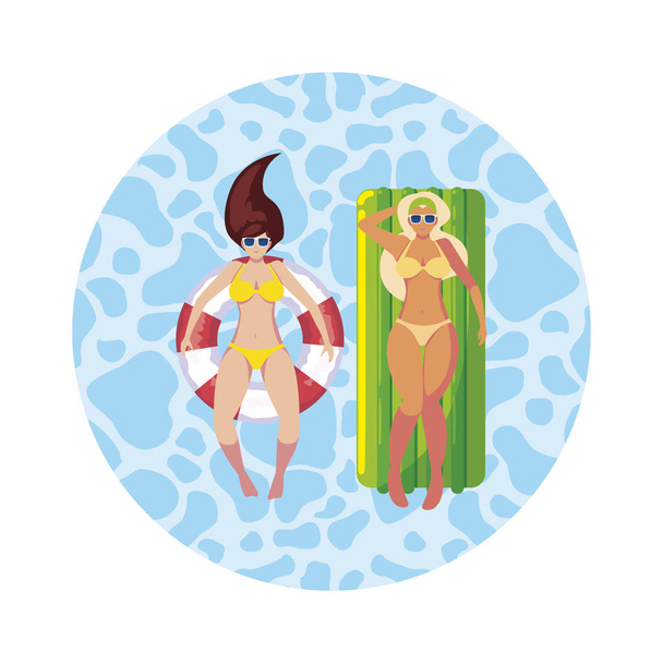 Tytöt uimapuku hengenpelastaja ja patja kelluu vedessä
 - Vektori, kuva