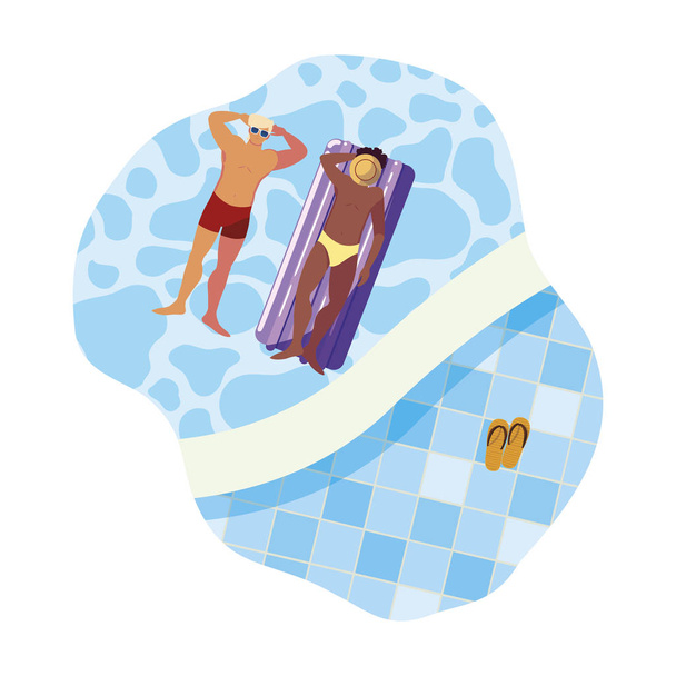 interrasový muž s plavci a plovoucí matrací ve vodě - Vektor, obrázek