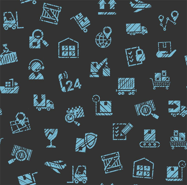 Cargo delivery, seamless pattern, color, pencil hatching, badges, gray and blue, vector. Cargo transportation and delivery of goods. Vector flat seamless pattern. Imitation of pencil hatching. Blue icons on a dark background.  - Vector, imagen