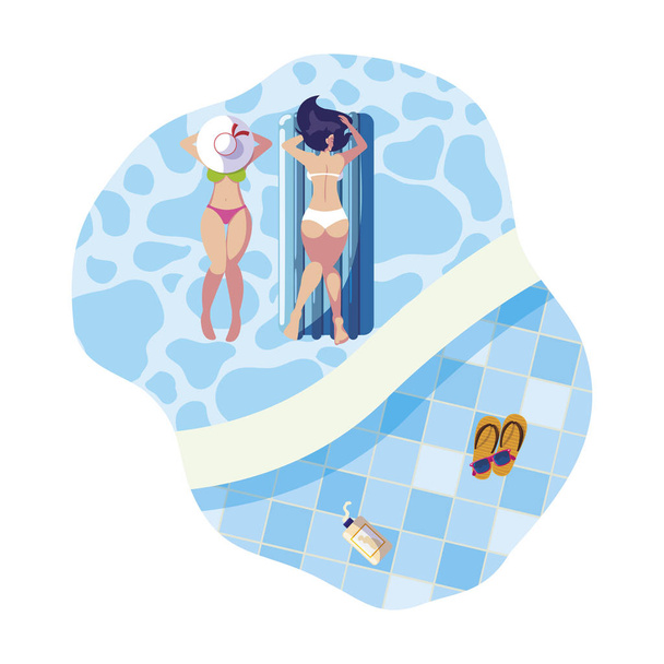 meninas bonitas com colchão flutuante flutuando na água
 - Vetor, Imagem