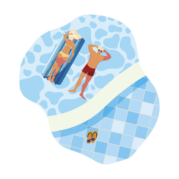 young couple with float mattress in water - Vector, Image