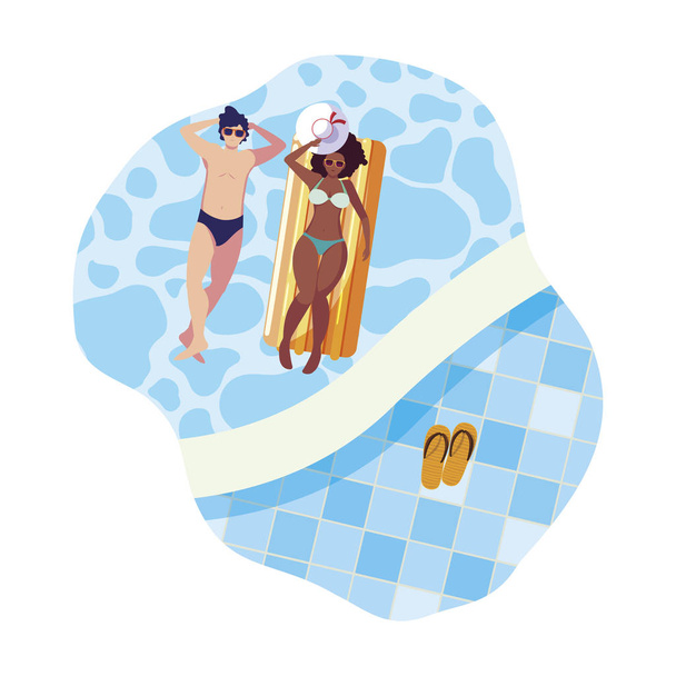 межрасовая пара с плавающим матрасом в воде
 - Вектор,изображение