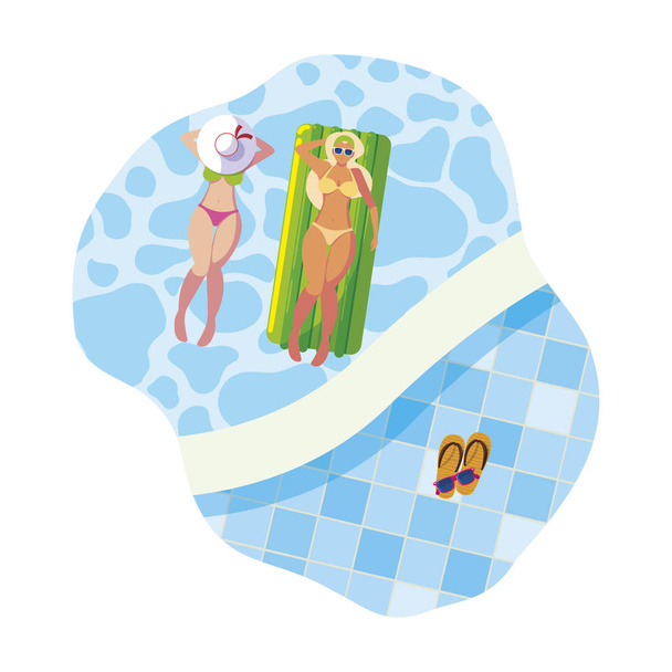 krásné dívky s plovoucí matrací plovoucí ve vodě - Vektor, obrázek