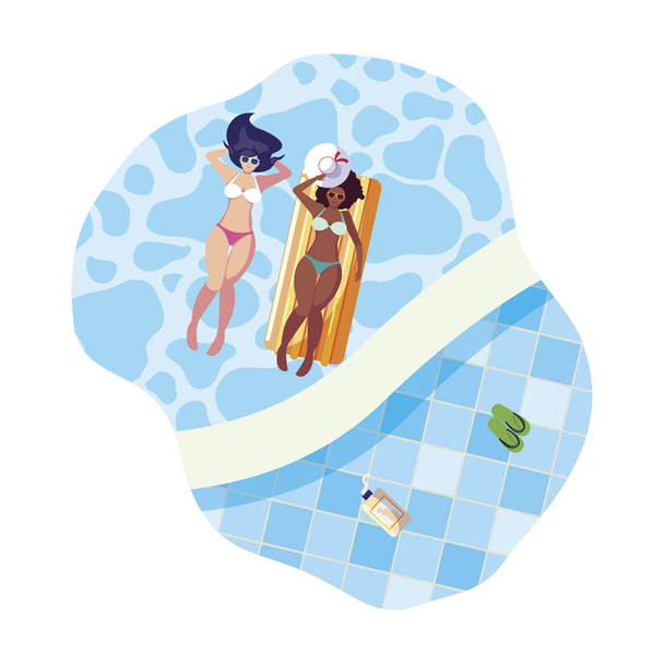 belle ragazze interrazziale con materasso galleggiante in acqua
 - Vettoriali, immagini