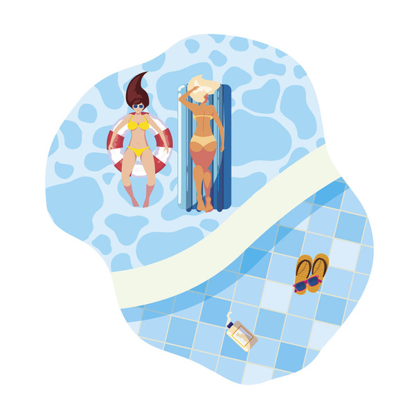 girls with swimsuit in lifeguard and mattress floats in pool - Vector, Image