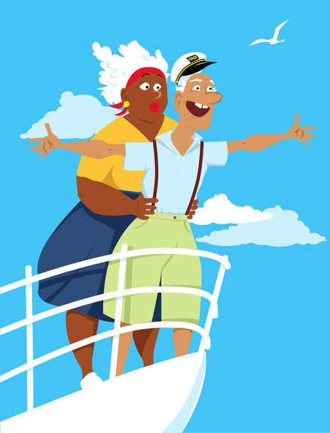 Happy biracial senior couple recreating a scene from Titanic on board of a cruise ship, EPS 8 vector illustration - Vector, Image
