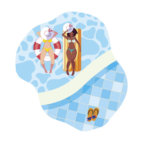 interrasová děvčata s plavkama a záchrankami ve vodě - Vektor, obrázek