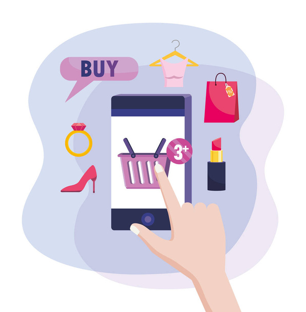 hand with smatphone ecommerce technology to shopping online - Vector, Image