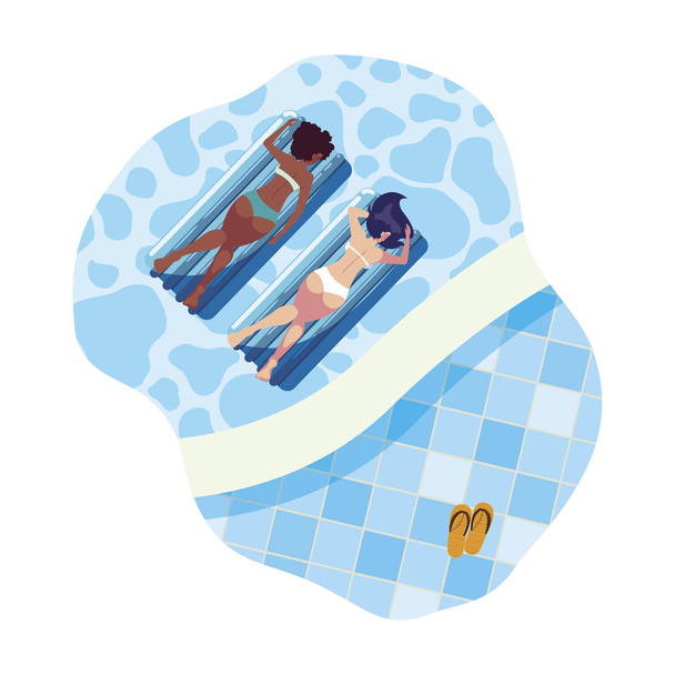 mooie interraciale meisjes met float matras in het water - Vector, afbeelding