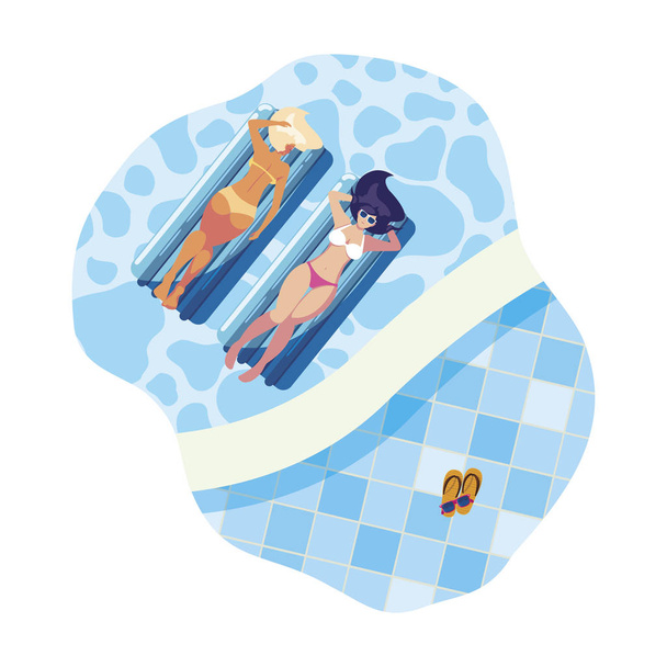 hermosas chicas con colchón flotante flotando en el agua
 - Vector, imagen