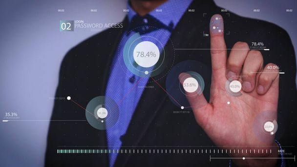 Das futuristische Porträt eines Geschäftsmannes verwendet ein Karrierediagramm, ein Hologramm, ein Diagramm, in einem Anzug, macht einen Fingerklick. Konzept: Zukunft, Internet, Kommunikation, Grafik, Effekte, Technologien. - Foto, Bild