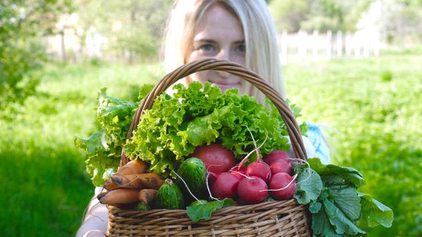 Dziewczyna, Kobieta rolnik (Blondynka, w koszulce) posiada kosz warzyw, rzodkiewki, Sałatka, warzywa, ogórek, marchew, Bio-aromatyzowane żywności. - Zdjęcie, obraz