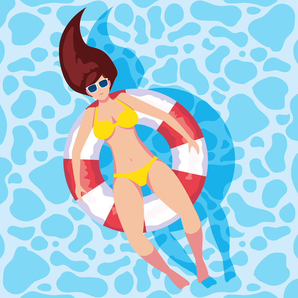 mulher bronzeando-se em flutuar na piscina
 - Vetor, Imagem