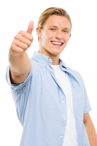 Happy young man thumbs up isolated on white background - Photo, Image