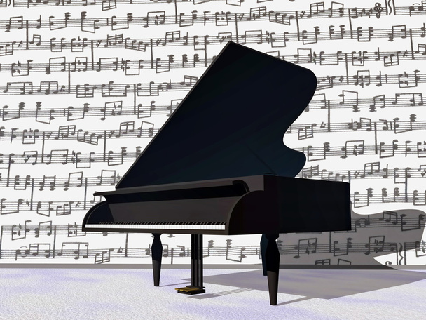 Μουσικές νότες γύρω από το πιάνο - 3D render - Φωτογραφία, εικόνα