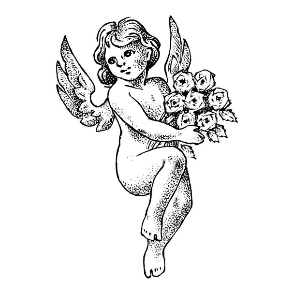 Schattige engel met bloemen. Kleine esthetische Cupido met vleugels vliegen in de lucht. Kinderen in monochrome gegraveerde stijl. Sjabloon voor tatoeage of logo. Hand getekende Vintage sketch. - Vector, afbeelding