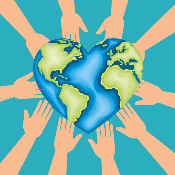 hands with heart planet to earth day - Vector, Image